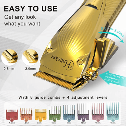 HATTEKER Hair Clipper for Men  Professional Cutting Kit Barber Beard Trimmer with 8 Colorful Combs USB Rechargeable (Gold)