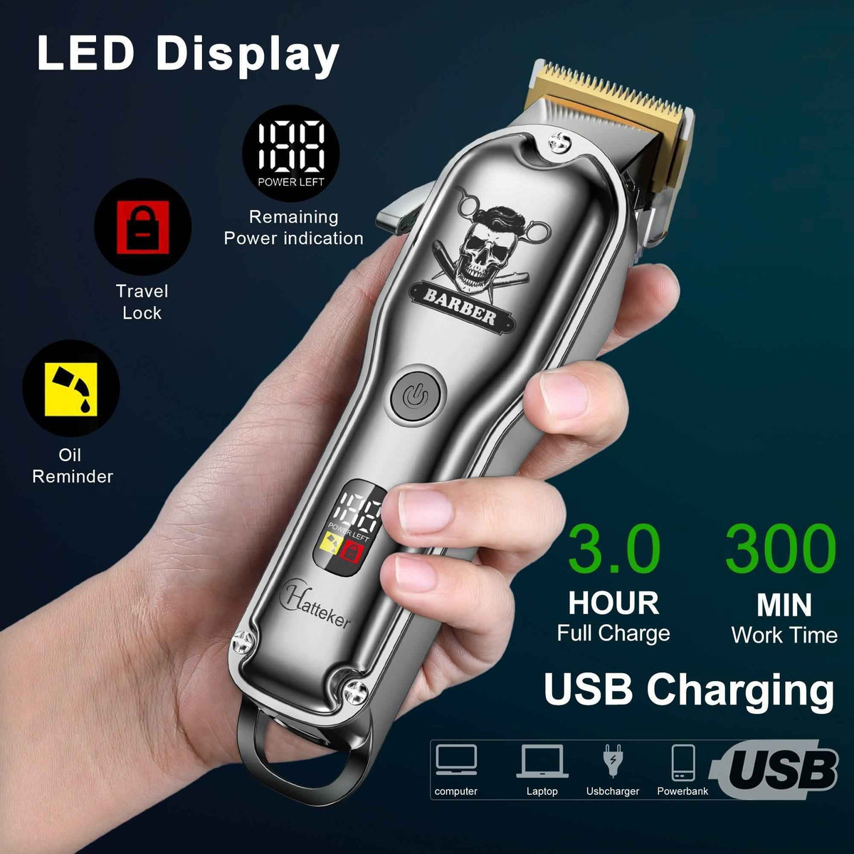 HATTEKER Hair Clipper Mens Beard Trimmer Professional Cordless Rechargeable 696C