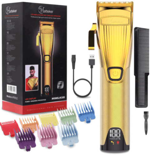 HATTEKER Hair Clipper for Men  Professional Cutting Kit Barber Beard Trimmer with 8 Colorful Combs USB Rechargeable (Gold)