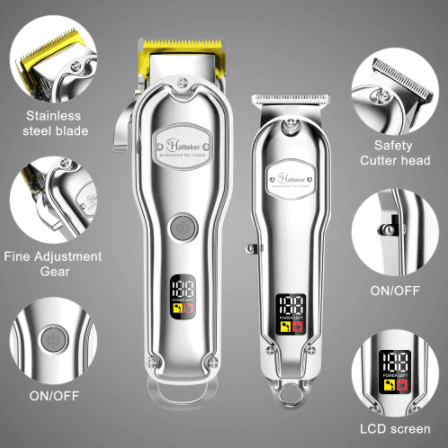 HATTEKER Set Hair Clipper Professional Cutter Set Metal Electric Cordless Hair Trimmer LCD Display Hairdressing